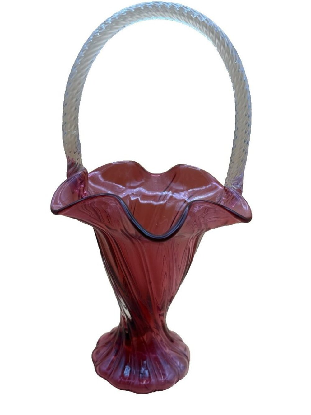 Fenton Cranberry Basket With Clear Twisted Handle Swirl Texture